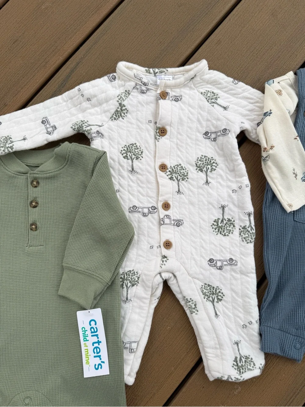 Carter's Sage Green, Cream Tree Print & Dusty Blue Baby One-Piece Set
